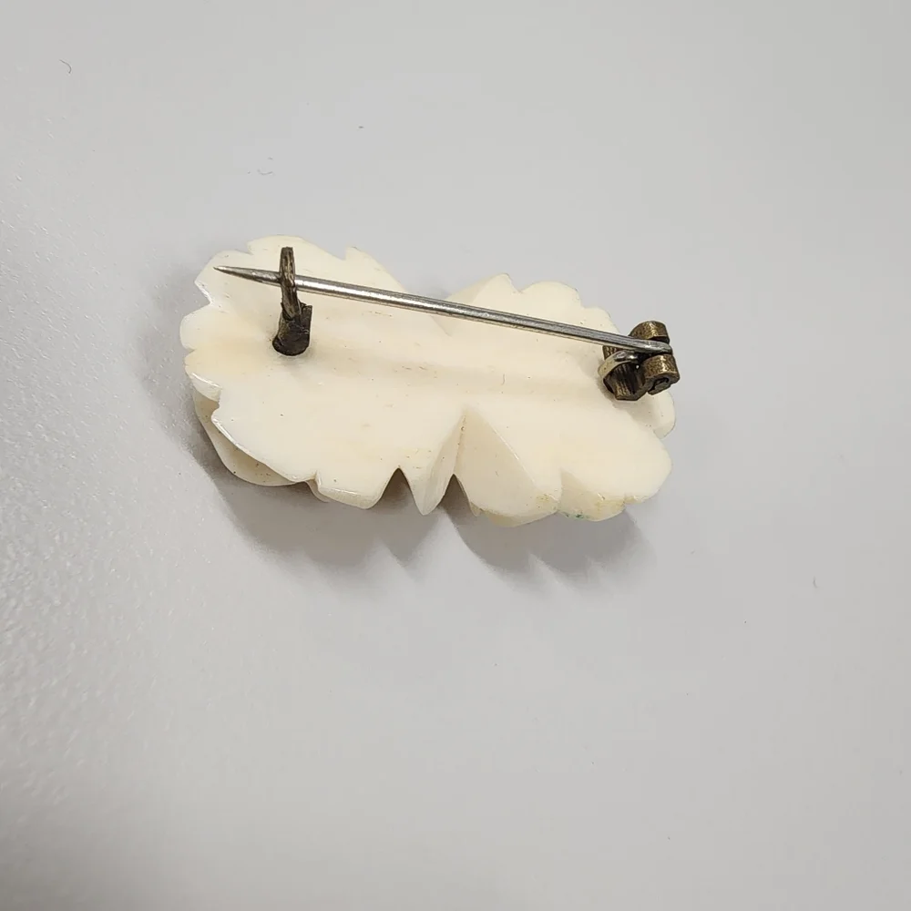 Vintage Carved Rose Brooch Creamy Off-White Double Flower Floral Pin Victorian